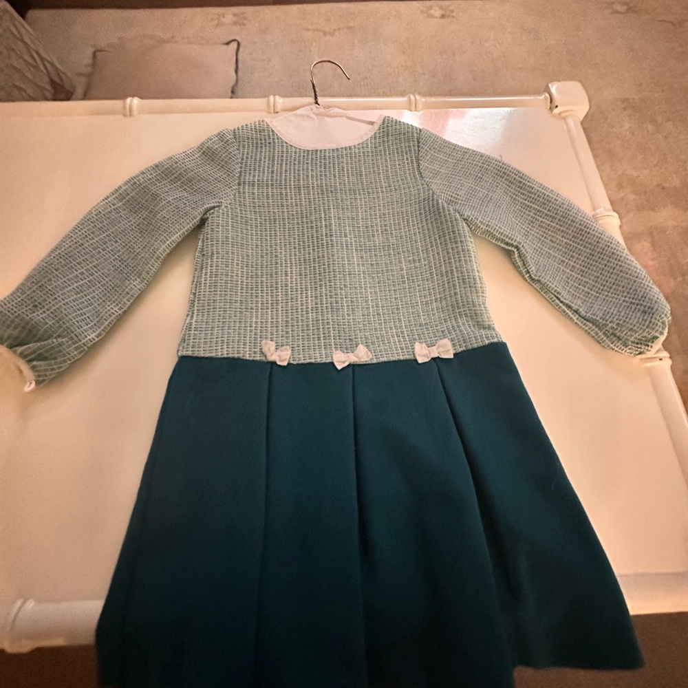Green and White A-Line Dress with Pleated Skirt and Bishop Sleeves